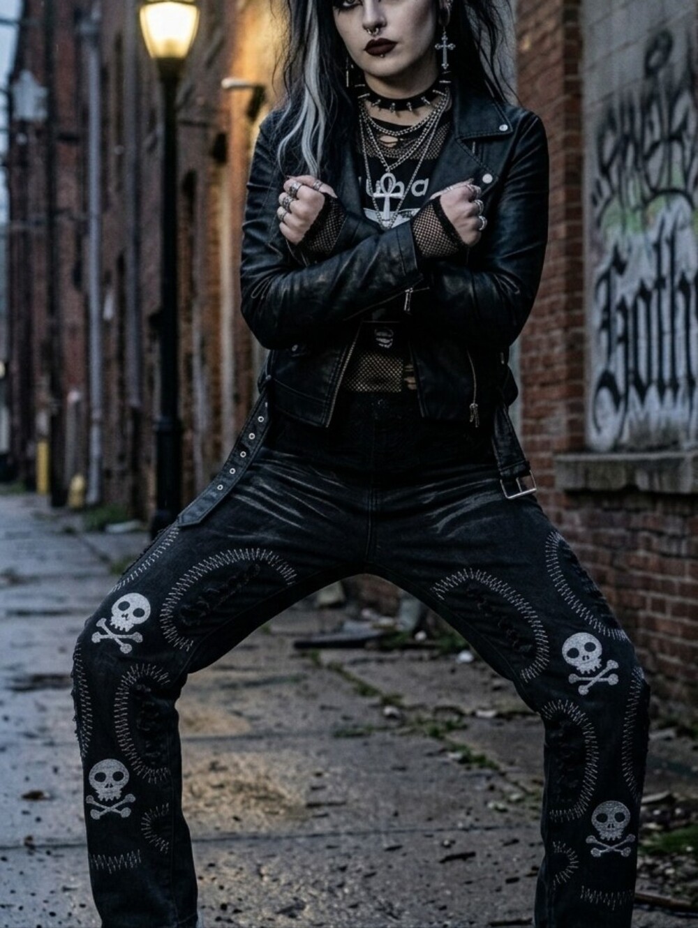 Goth Black Skull Patterned Jeans - Picture 2 of 8